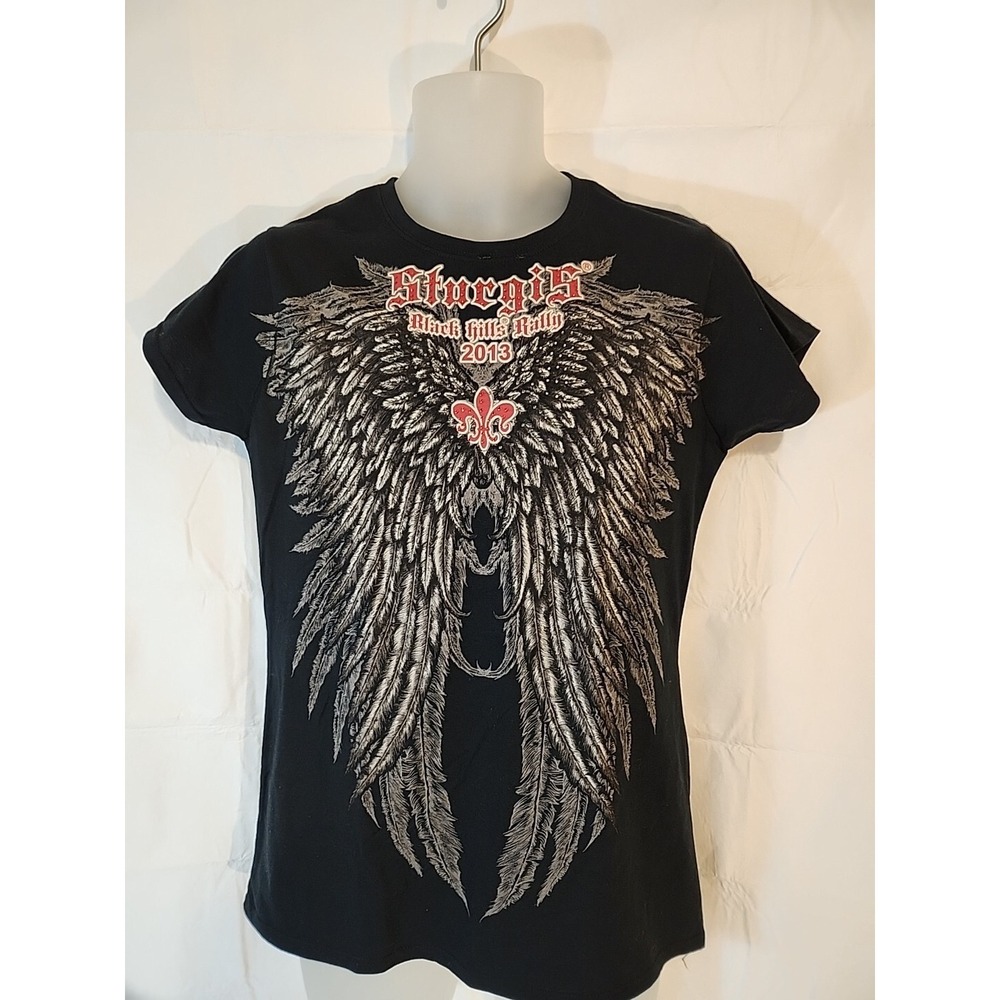 Sturgis Black Hills Rally 2013 Black Studded Wings T-Shirt Womens Size XL